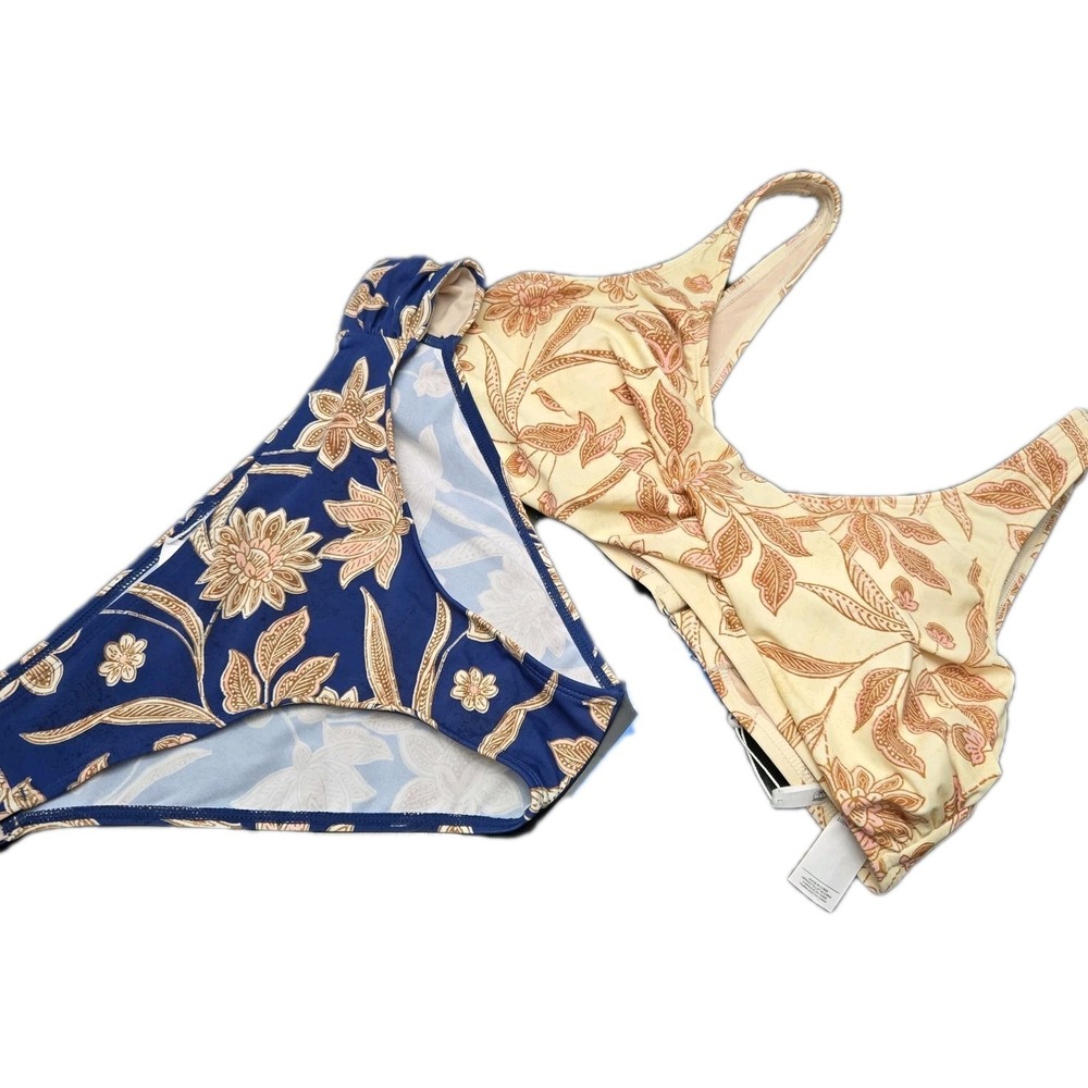 Cupshe Batik Floral Bikini Set Womens Large Blue Cream Beach Pool Vacation Lake - Picture 1 of 8
